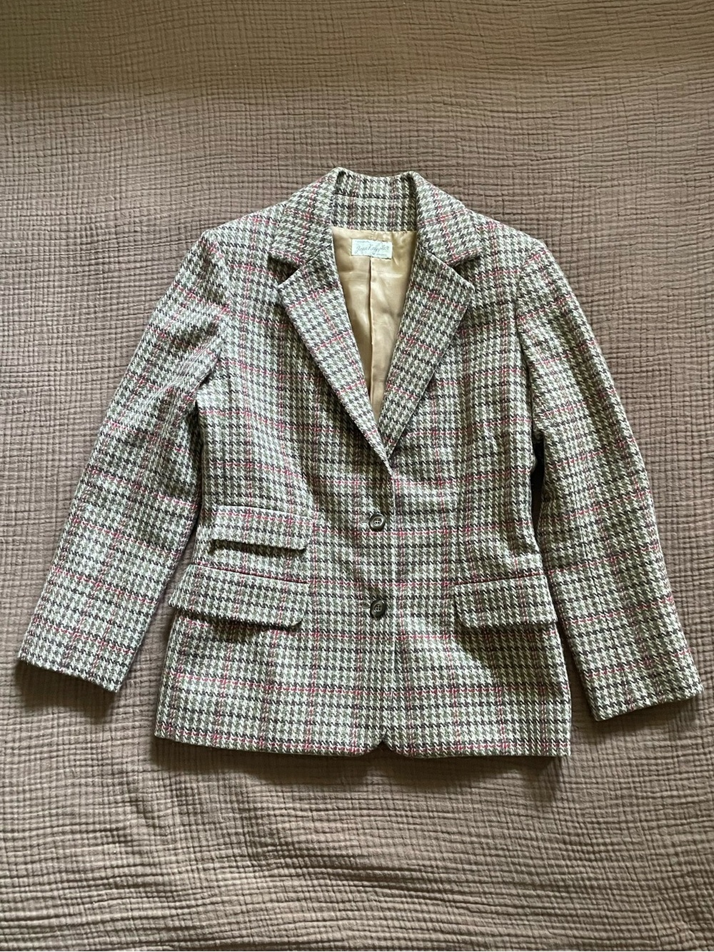 Wool Plaid Tailored Blazer - Taupe & Pink